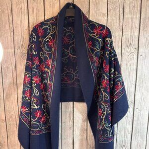 Jessica McClintock Navy Embroidered Floral Shawl Wrap NWT